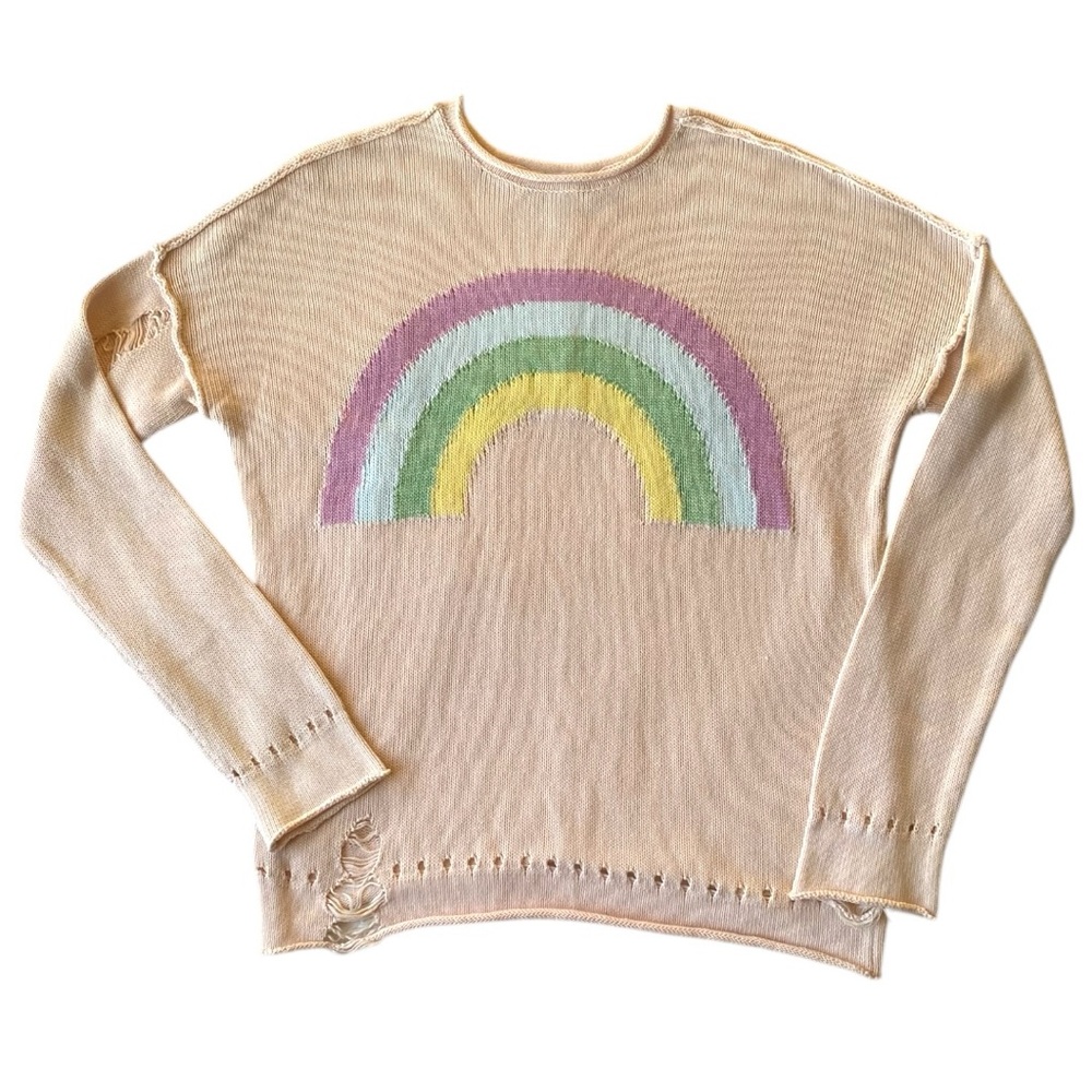 wildfox couture sky high rainbow distressed pink sweater, sz XS